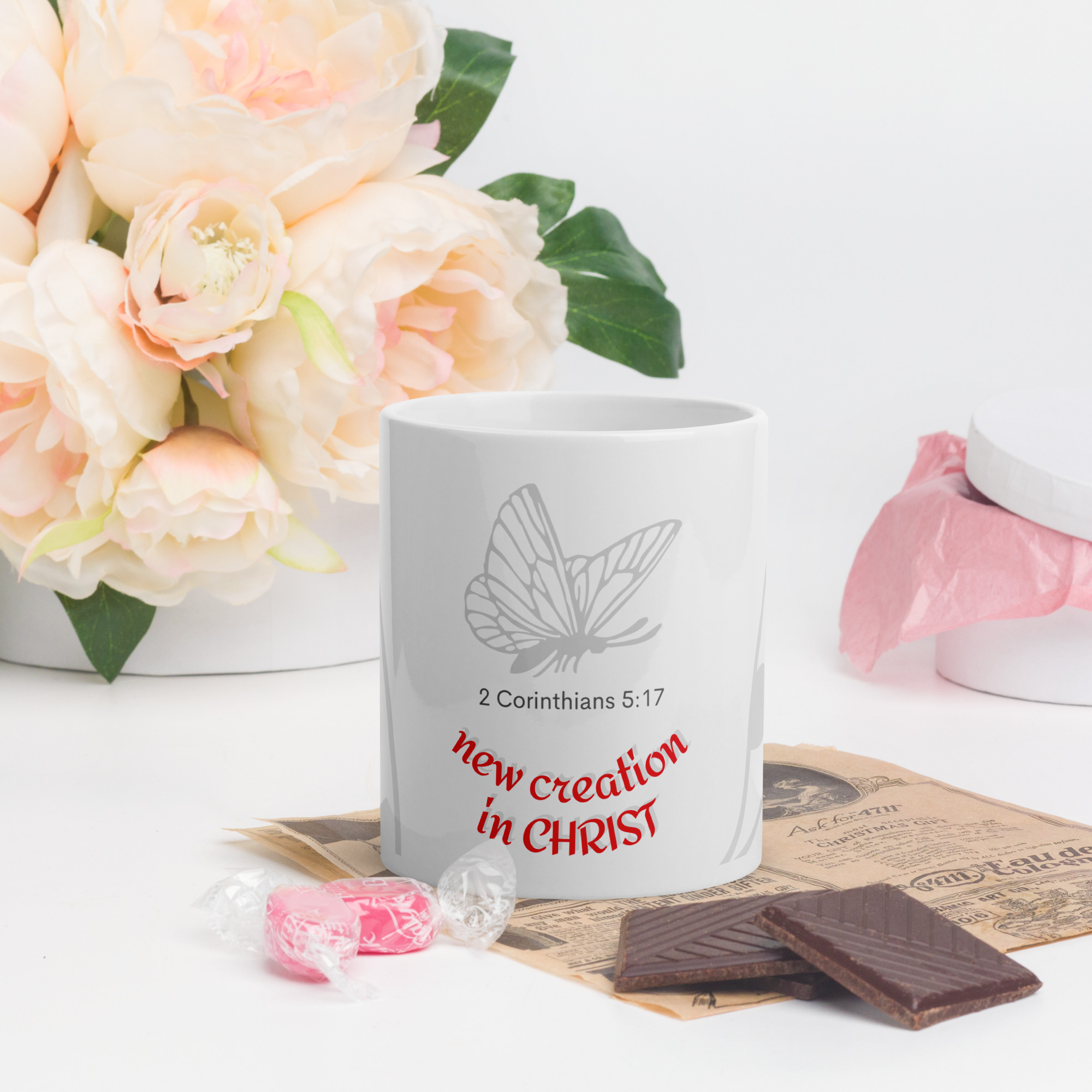 TLC Word of God : 2 Cor 15:7  Butterfly - White glossy mug - Image 1