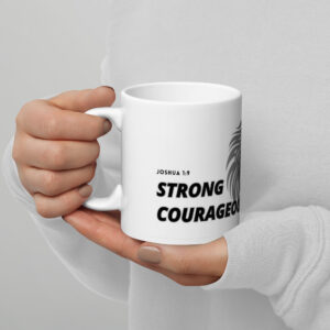TLC Strong & Courageous LION Joshua 1:9 - White glossy mug - Image 2