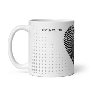 TLC LOVE is Patient & Kind 1 Cor 13:4 - White glossy mug - Image 3