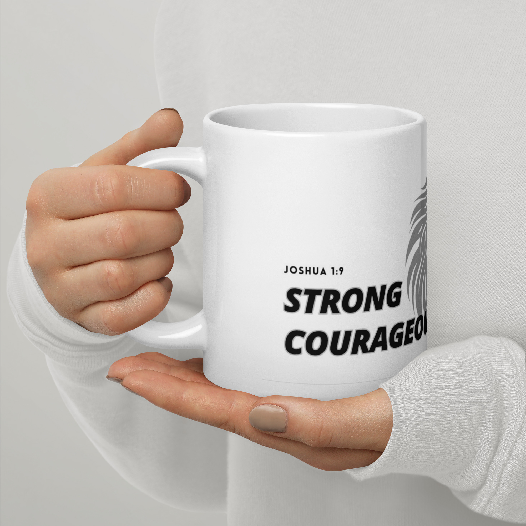 TLC Strong & Courageous LION Joshua 1:9 - White glossy mug - Image 6