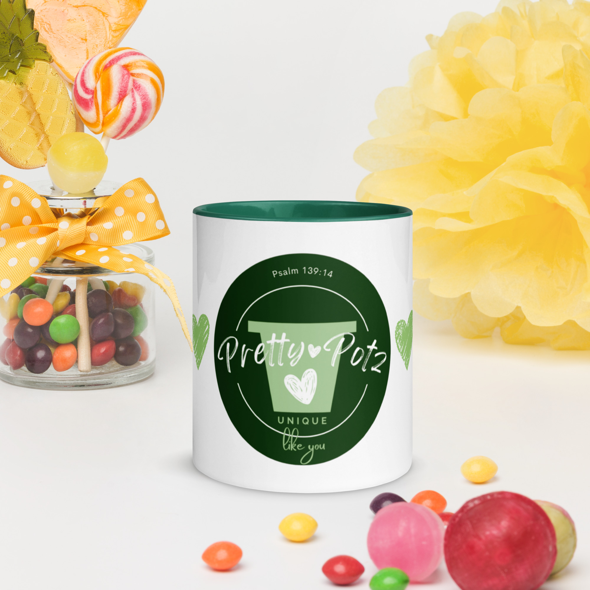 Prettypotz Green Hearts Psalm 139:14 - Mug with Color Inside - Image 8