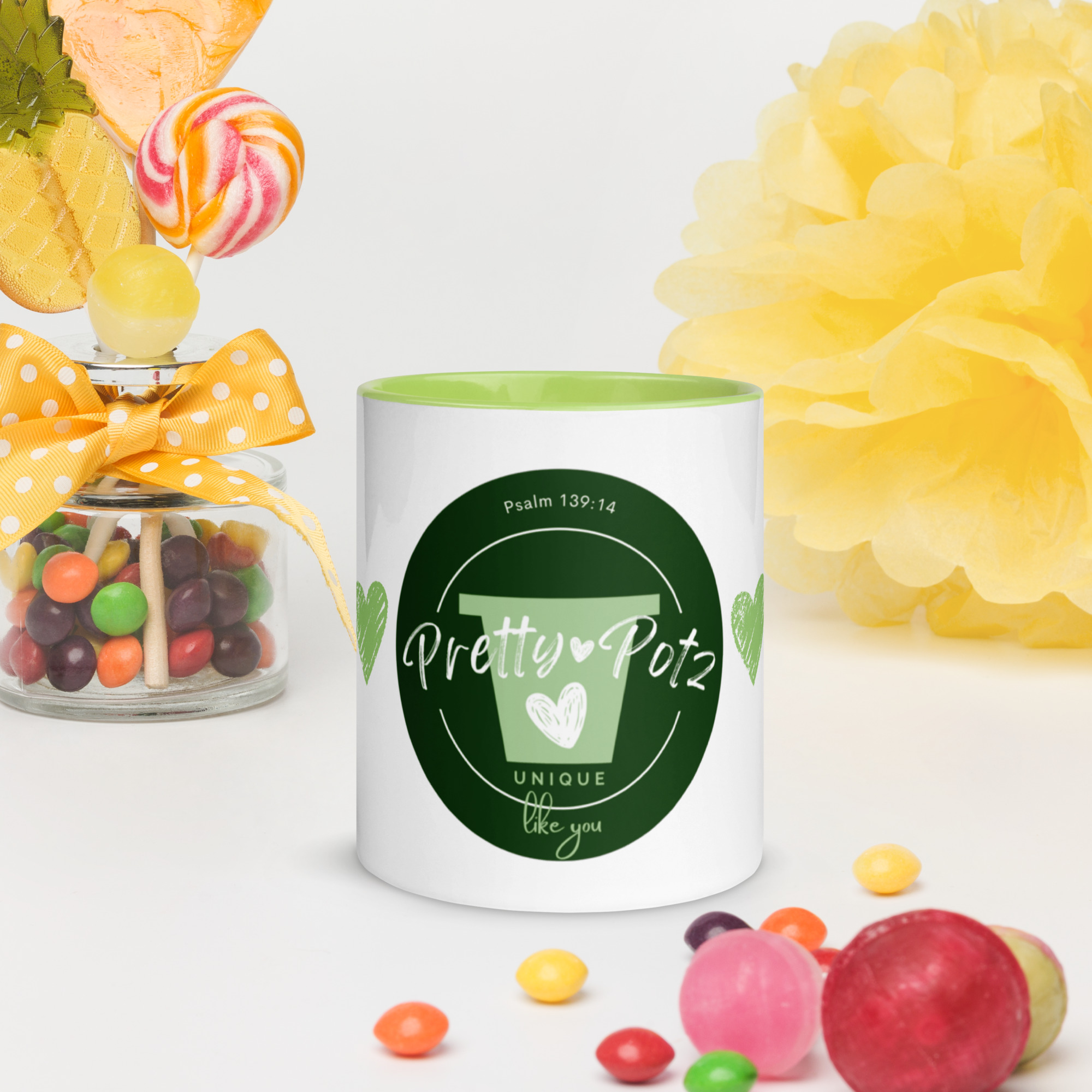 Prettypotz Green Hearts Psalm 139:14 - Mug with Color Inside - Image 5
